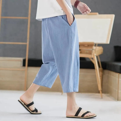 2025 new summer men's casual imitation linen seven quarter pants, thin solid color cut pants, fashionable hip-hop street sports.