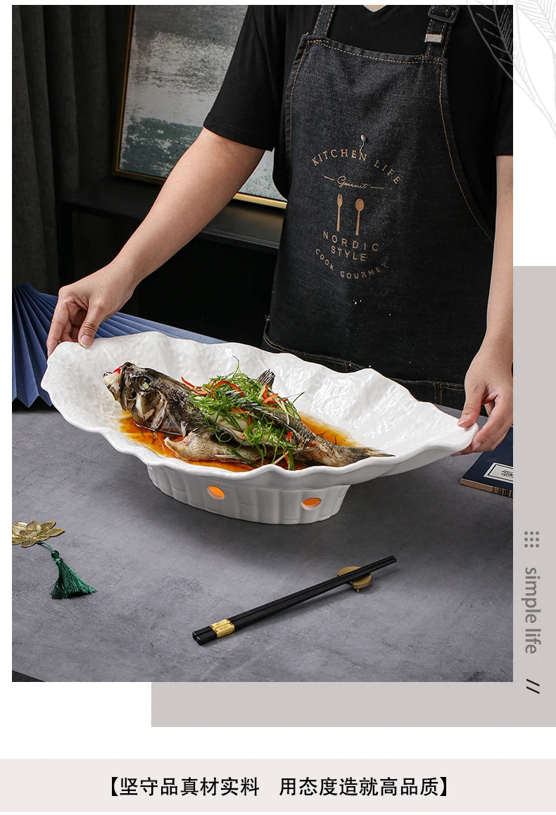 Large Irregular Fish Plate Household Cauldron Bowl Heating and Insulation Plate Ceramic Hotel Tableware Soup Plate.