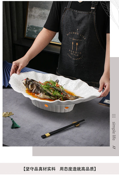 Large Irregular Fish Plate Household Cauldron Bowl Heating and Insulation Plate Ceramic Hotel Tableware Soup Plate.