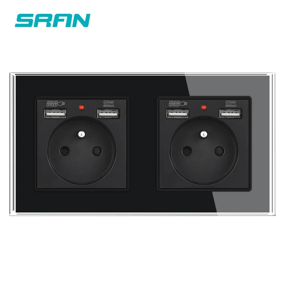 SRAN Französische USB-Wandsteckdose 5 V 2,1 A, Kristall-Hartglasscheibe 16 A 220 V 82 x 82 mm Steckdose Frankreich-Standard mit Abdeckung
