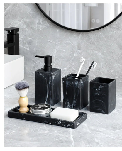 Bathroom Accessories Complete Marble Pattern Lotion Soap Dispenser,Toothbrush Holder,Tumbler,Tray Resin material Black white.