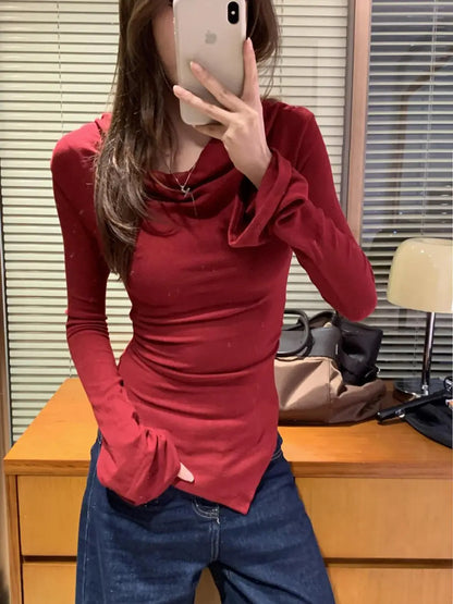 Irregular Waist Pleated Long Sleeve Base Shirt Spring T-Shirt Women's Spicy Girl One Shoulder Top Fashionable Casual Wear.