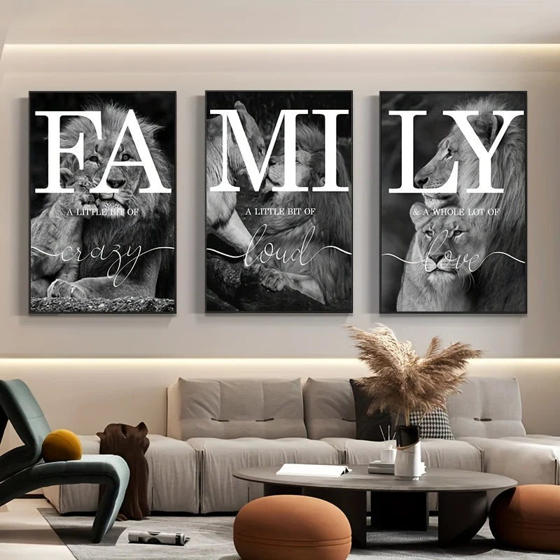 3pcs  Black And White Lion Family Quote Home Signs Canvas Paintings Animal Lion Wall Art Prints And Posters For Living Rooom.