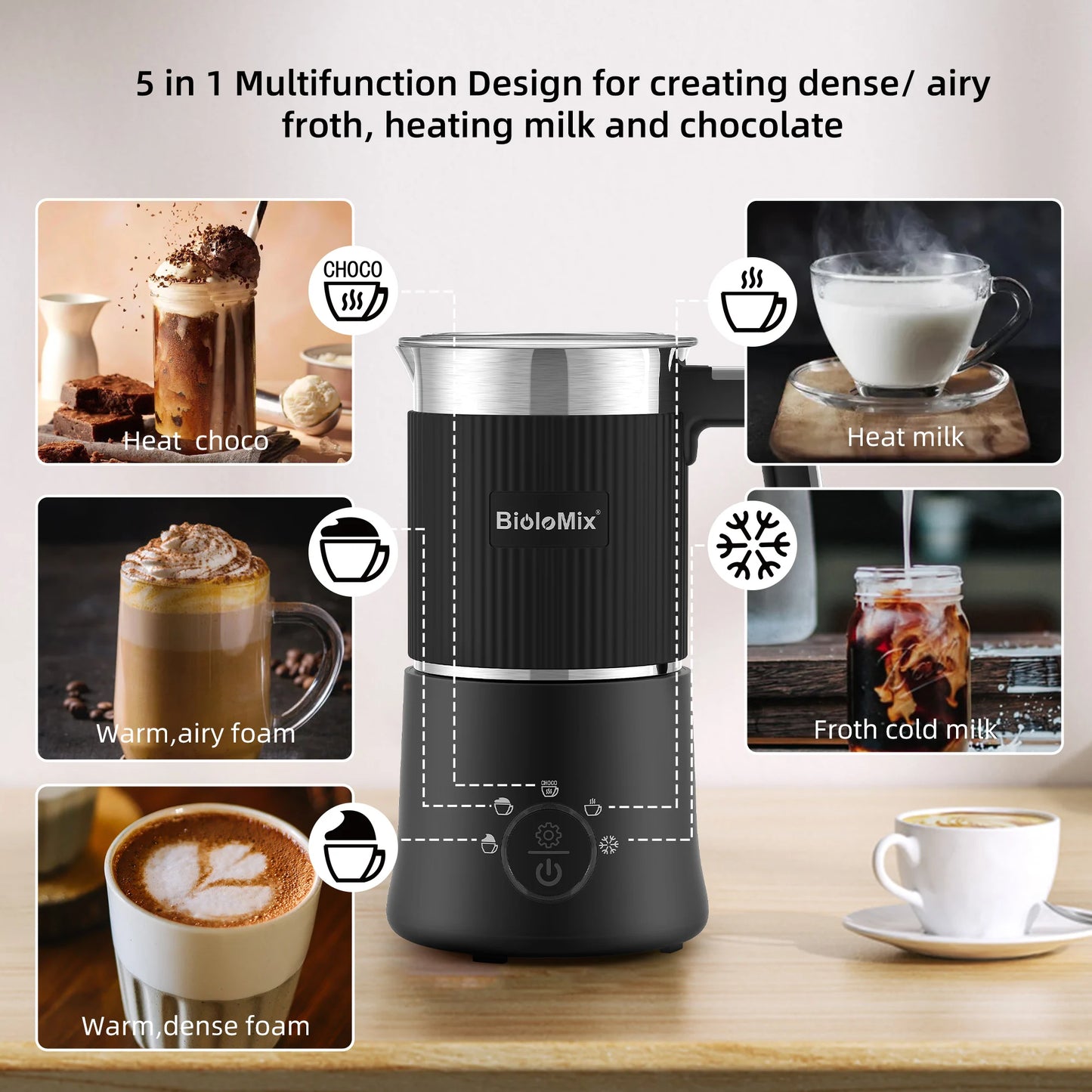 BioloMix Detachable Milk Frother and Steamer,5-in-1 Automatic Hot/Cold Foam and Hot Chocolate Maker,Dishwasher Safe.