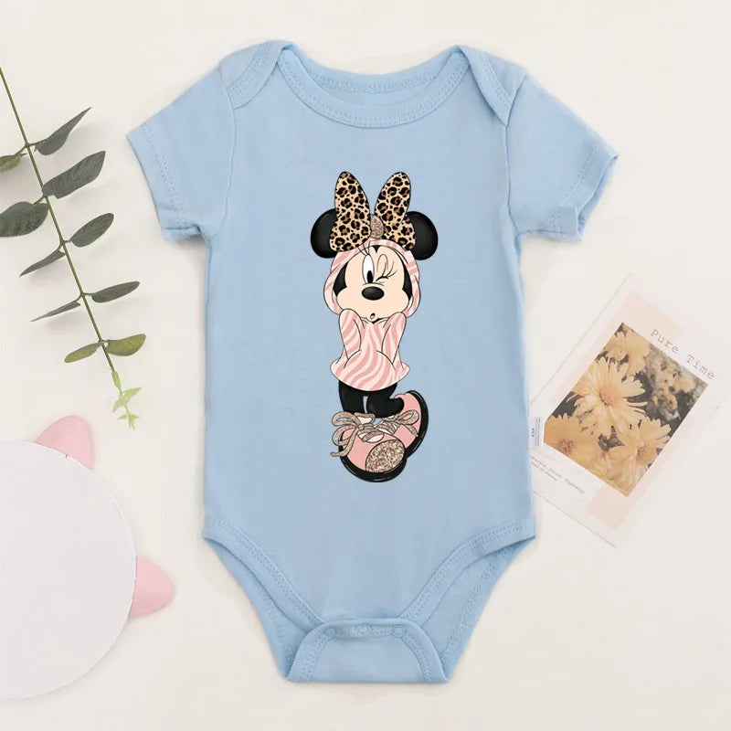 Niedliche Leopard Minnie Maus Disney Newbron Bodys Baby Kleidung Sommer Kurzarm Baumwolle Minnie Kawaii Stram pler Overall