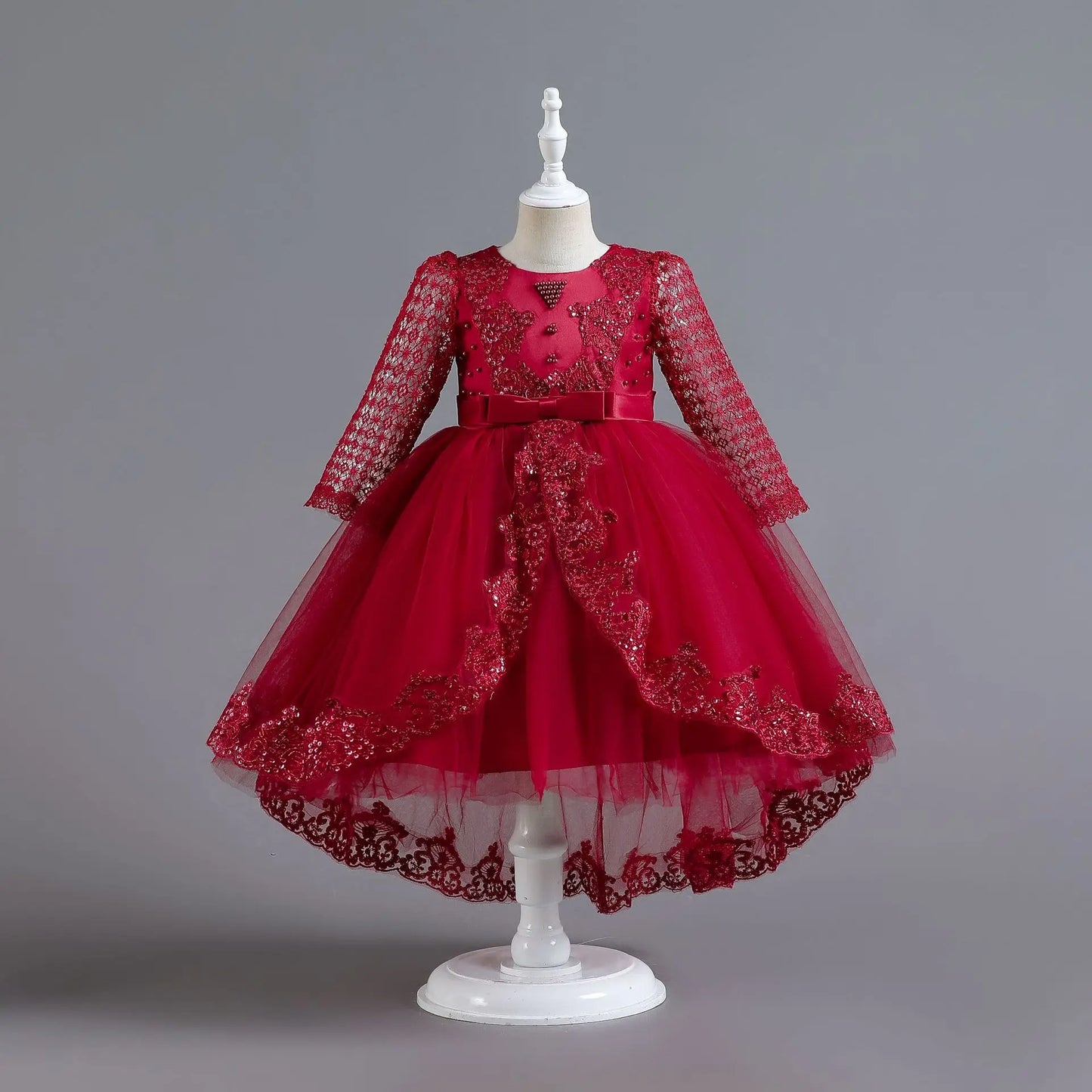 Party-Tüll-Kleider für Mädchen, langärmelig, Spitze, Perlen, nachgestelltes Prinzessinnenkleid für Kinder, Hochzeit, Geburtstag, Performance, Abendkleid.