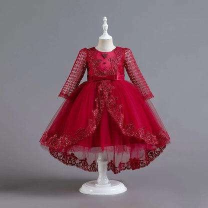 Party-Tüll-Kleider für Mädchen, langärmelig, Spitze, Perlen, nachgestelltes Prinzessinnenkleid für Kinder, Hochzeit, Geburtstag, Performance, Abendkleid.