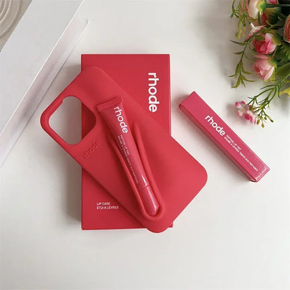 Phone Case for IPhone 15 16 14 13 12 11 Pro Max Plus 17 Air Lip Gloss Holder Silicone Shockproof Cover with Box and Lipstick