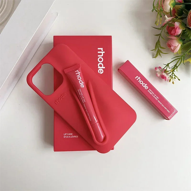 Phone Case for IPhone 15 16 14 13 12 11 Pro Max Plus 17 Air Lip Gloss Holder Silicone Shockproof Cover with Box and Lipstick