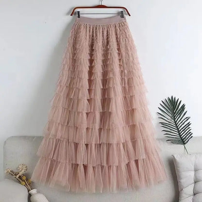 Chamliforve Women Tulle Mesh Skirt Elegant Elastic Waist Fairy Long A-line Tutu Skirt for Spring Summer Long Cake Skirt
