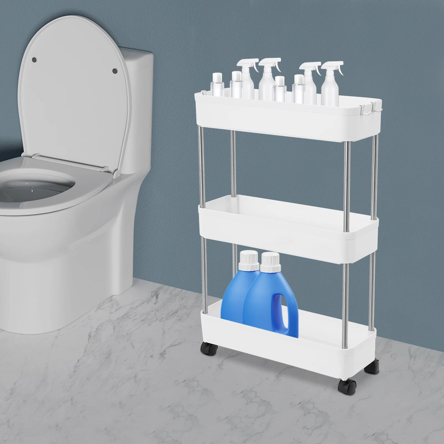 3-lagiges Rollwagen-Regal, bodenstehendes Lagerregal mit 4 Universalrädern, 4 Haken, Küche, Badezimmer, Organizer