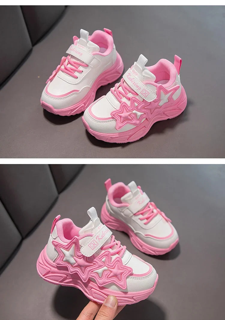 Children Casual Shoes for Girls Fashion Classic with Stars Girls Sports Running Sneakers Breathable PU + Rubber Anti-skid Soft.