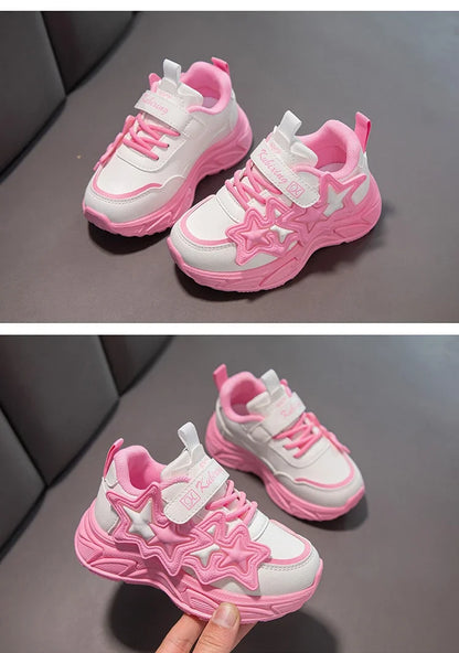 Children Casual Shoes for Girls Fashion Classic with Stars Girls Sports Running Sneakers Breathable PU + Rubber Anti-skid Soft.