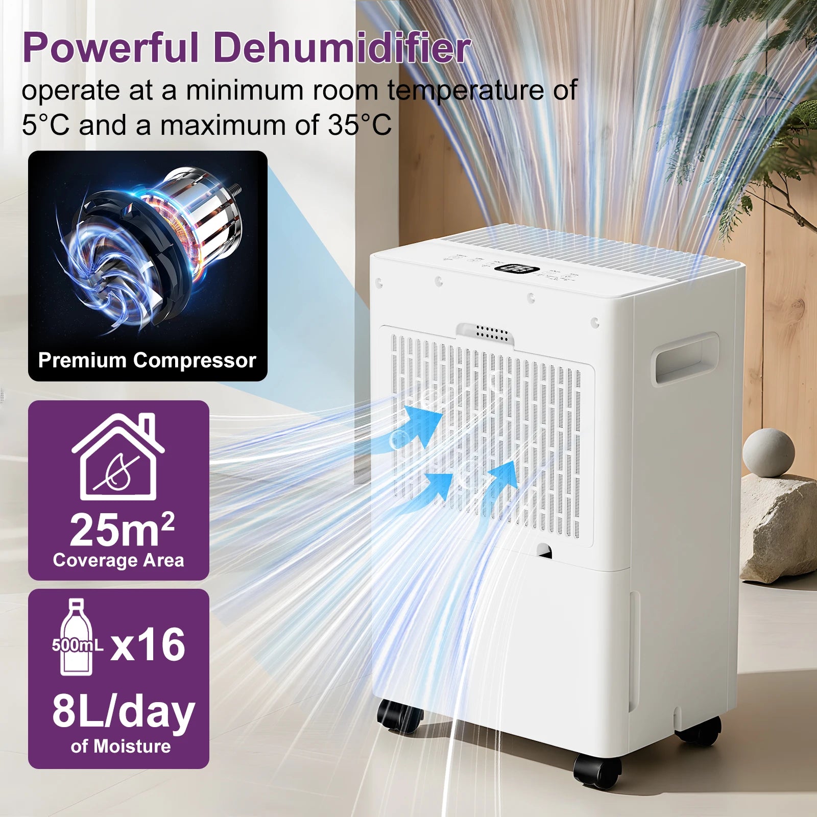 LOEFME Dehumidifier 8L/Day, Electric Dehumidifier, 1m & 3m Drain Hoses, Touchscreen with LED Display, 24h Timer, 1.5L Water Tank.