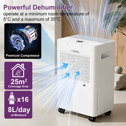 LOEFME Dehumidifier 8L/Day, Electric Dehumidifier, 1m & 3m Drain Hoses, Touchscreen with LED Display, 24h Timer, 1.5L Water Tank.