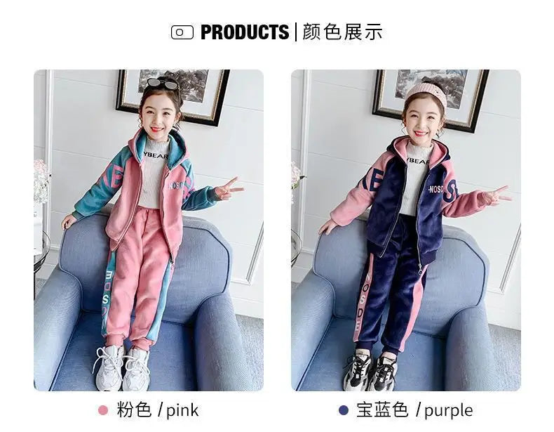 New Winter Keep Warm Girls Clothing Set Padded Lining With Plush Velent Hooded Jacket+Pants 2pcs Suit For 3-12 Years Kids.