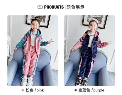New Winter Keep Warm Girls Clothing Set Padded Lining With Plush Velent Hooded Jacket+Pants 2pcs Suit For 3-12 Years Kids.