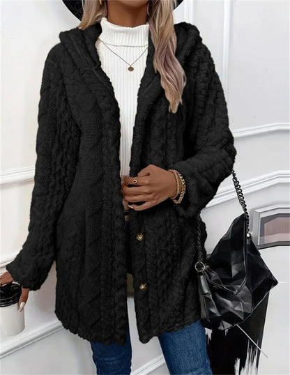 Women Cardigan Hoodie Jacket Autumn Winter Argyle Textured Pattern Hooded Irregular Hem Buttons Fleece Oversized Outerwear Coat.