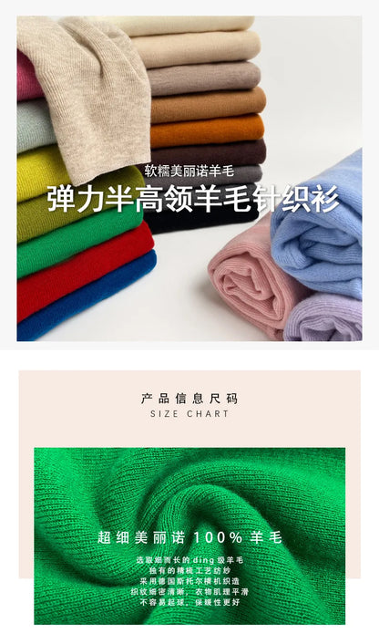 100% Ultra-fine Merino Wool Sweater Autumn and Winter Loose and Simple Semi-turtleneck Wool Bottoming Shirt Multi-color Sweater.