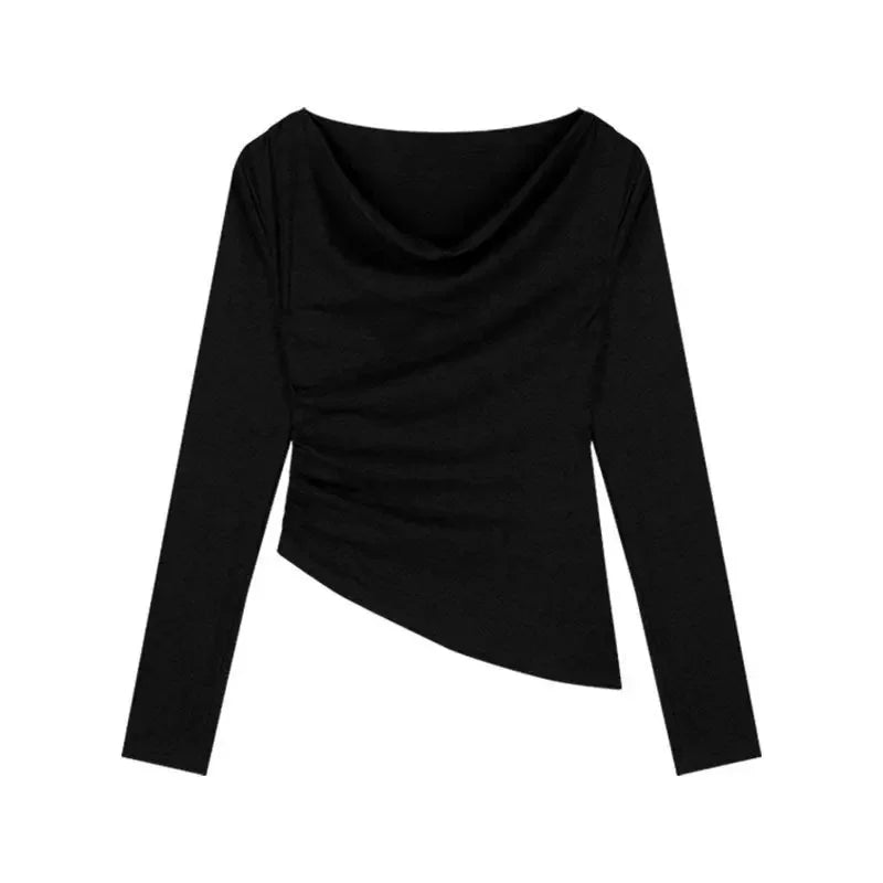 Spicy Girl Apricot One-Shoulder Base Shirt Women's Slim Fit Asymmetrical Long Sleeve T-Shirt Spring Autumn Inner Wear Top.