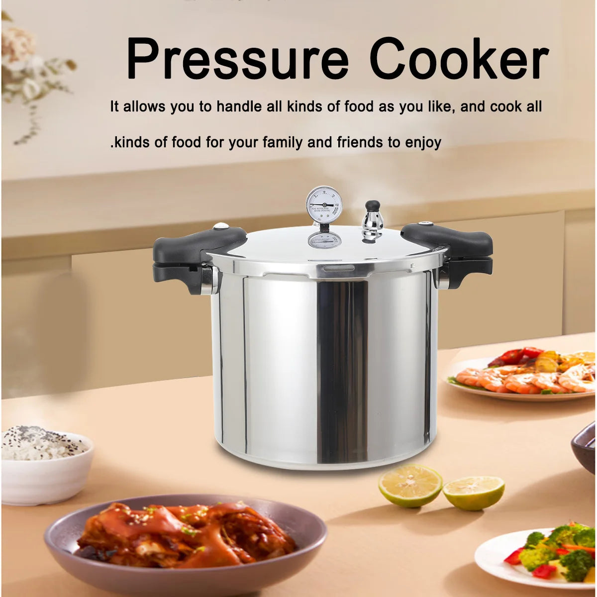 22L Aluminium Alloy Pressure Canner 90Kpa Thickened Explosion-proof Pressure Cooker Pot with Pressure Gauge and Safety Valve.