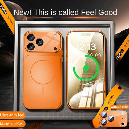 Official Orange Magsafe Magnetic Glass Phone Case for iPhone 17 Air 16 15 14 13 Pro Max Hard Shockproof Protect Matte Cover.