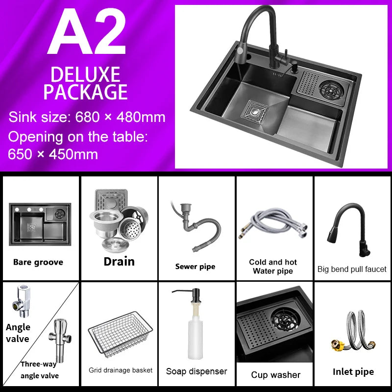 Stepped Stainless Steel Sink Kitchen with Cup Washer Multifunctional Large Single Slot Washbasin Dishwasher Sinks