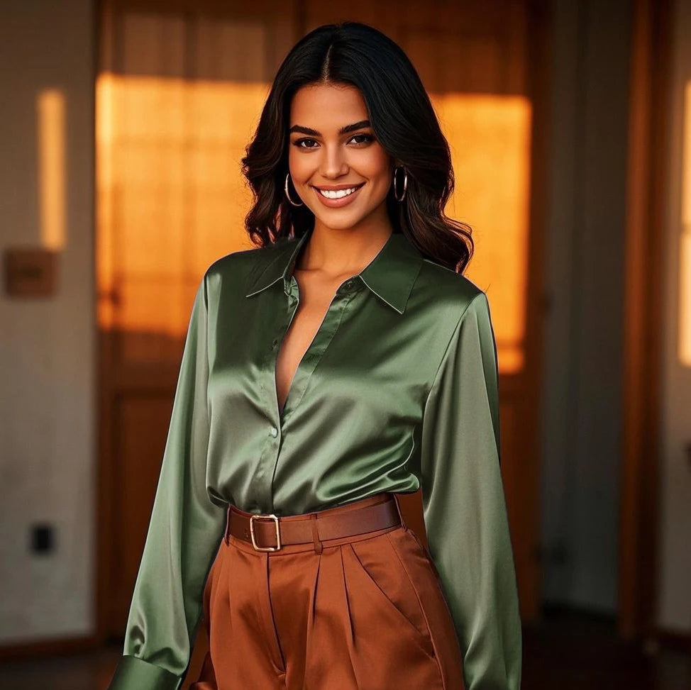 Luxury Satin Finish Shirts And Blouses For Women Clothes Casual Top OL Long Sleeve Single Breasted Elegant French Solid Blouses.