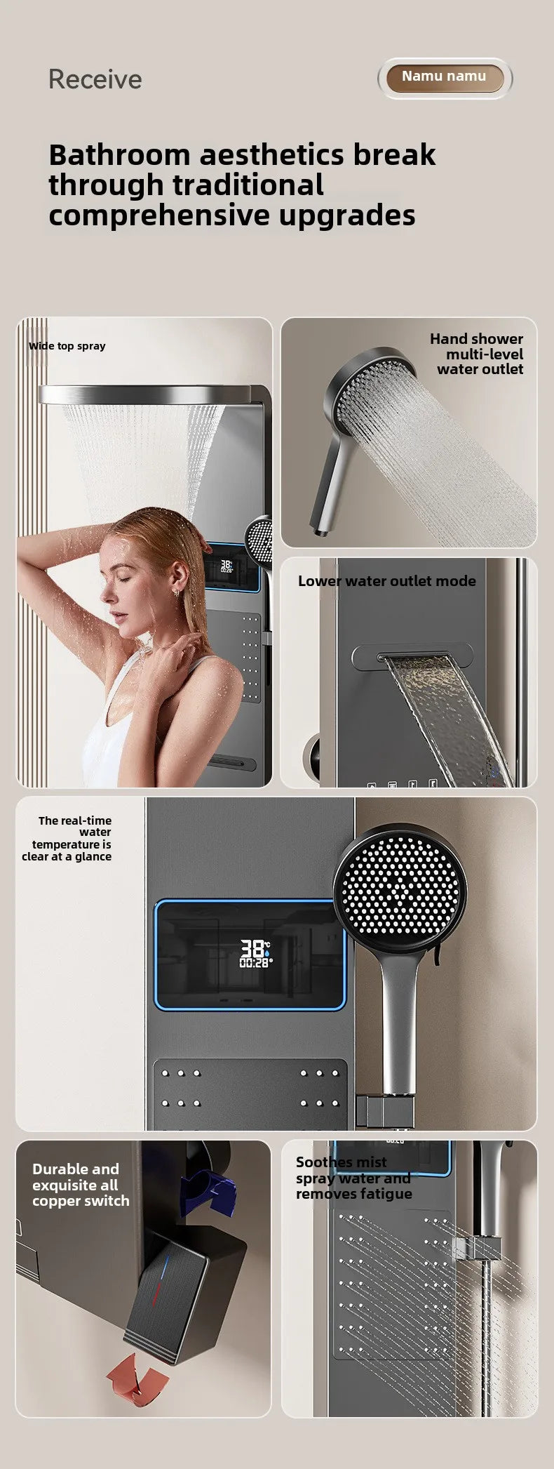Multi Functional LED Shower Screen Wall Mounted Waterfall Shower Head Set Bathroom Digital Atmosphere Light Shower Set Screen
