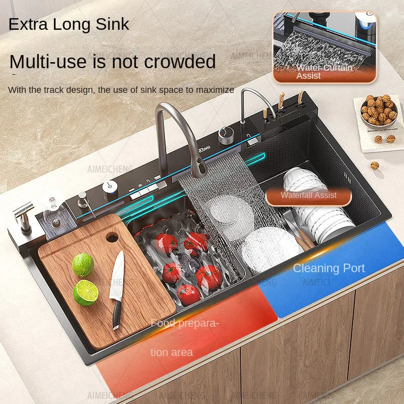 Küchenspüle aus Edelstahl mit Wasserhahn, Digitalanzeige, große Einzelschüssel, Wasserfall, Regen, 5-Funktionen-System, Spülbecken, Spüle