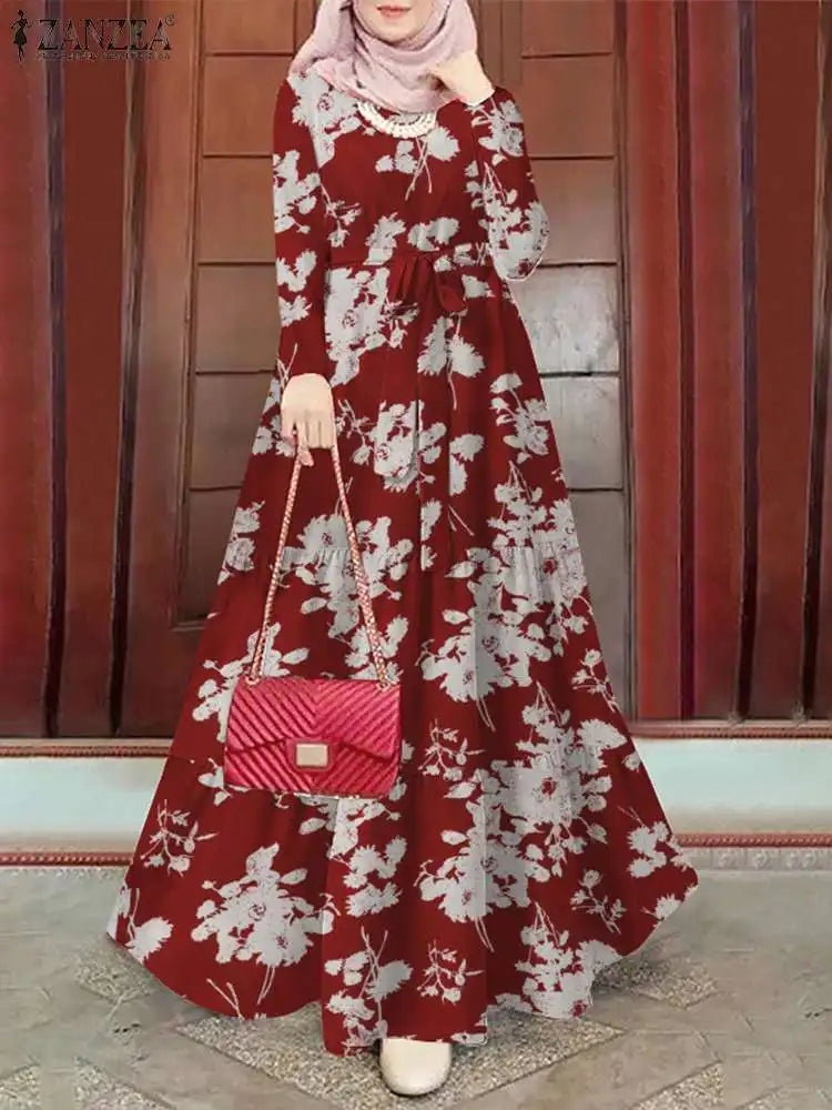 Zanzea Blumen druck böhmischen Maxi kleid Frauen Mode Langarm o Hals abgestufte Vestidos islamische muslimische Gürtel Abaya lange Roben.
