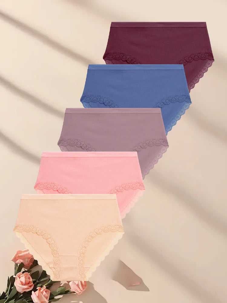 FINETOO 5Pcs Women Cotton Lace Underwear Sexy Seamless Breathable Panties Plus Size Mid-Waist Briefs Female Solid Soft Lingerie