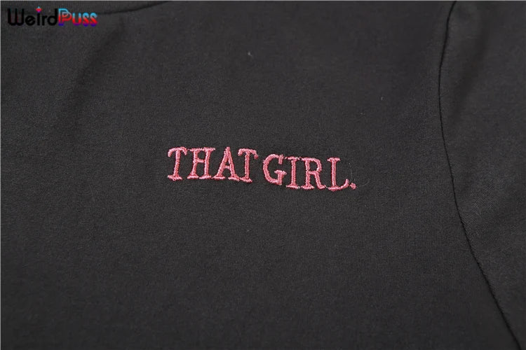 Weird Puss Casual Sporty 2 Piece Set Women Letter Embroidery Crop Tops+Side Tassel Straight Pants Matching Streetwear Tracksuits.