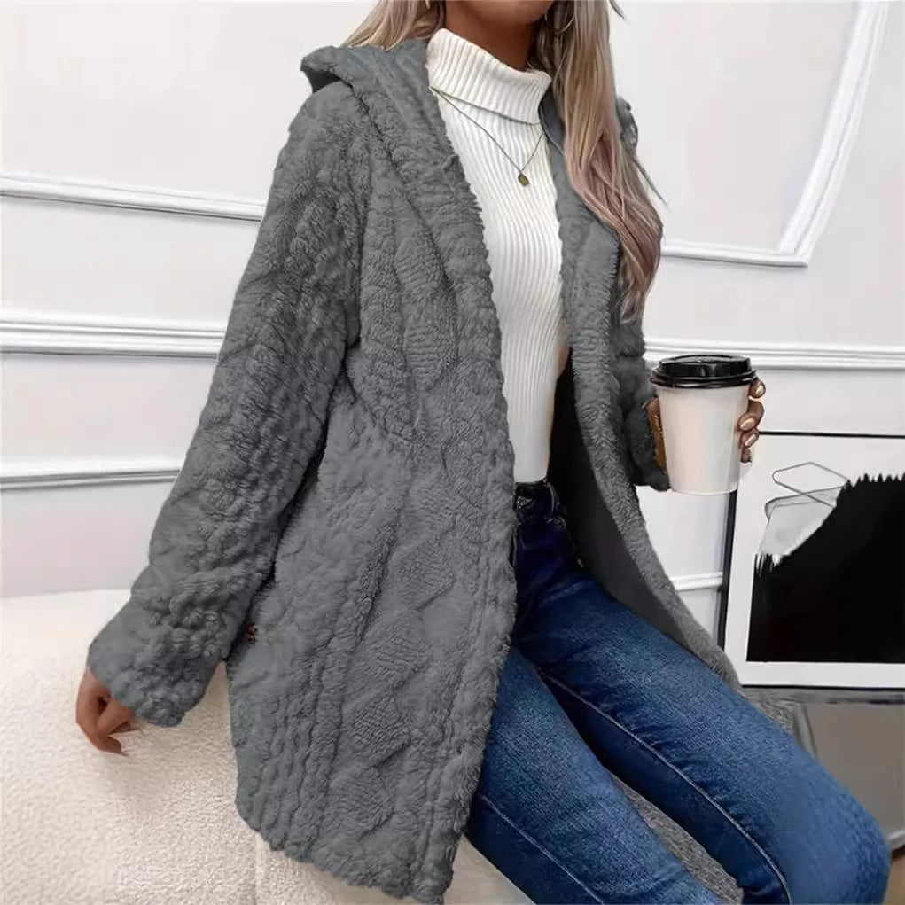 Women Cardigan Hoodie Jacket Autumn Winter Argyle Textured Pattern Hooded Irregular Hem Buttons Fleece Oversized Outerwear Coat.