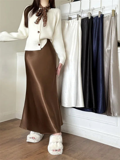 High Waist Women's Fleece-Lined Thickened Elegant Long Skirt Satin Mermaid Skirt Elegant Drapey Bodycon Skirt For Autumn Winter