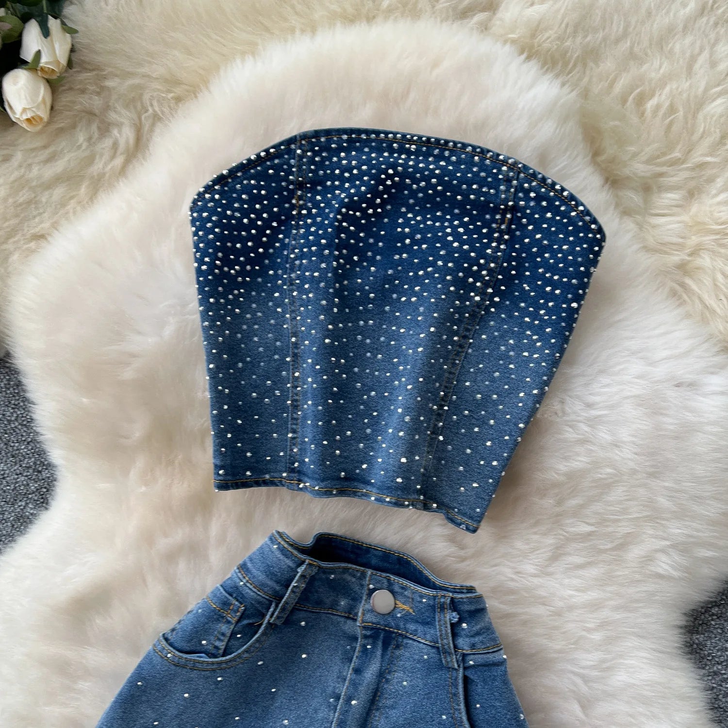 Denim Pant Set Women Two Piece Sets Sexy Matching Sets Sleeveless Short Tops Long Flare Pants High Waist Slim Hot Diamond.