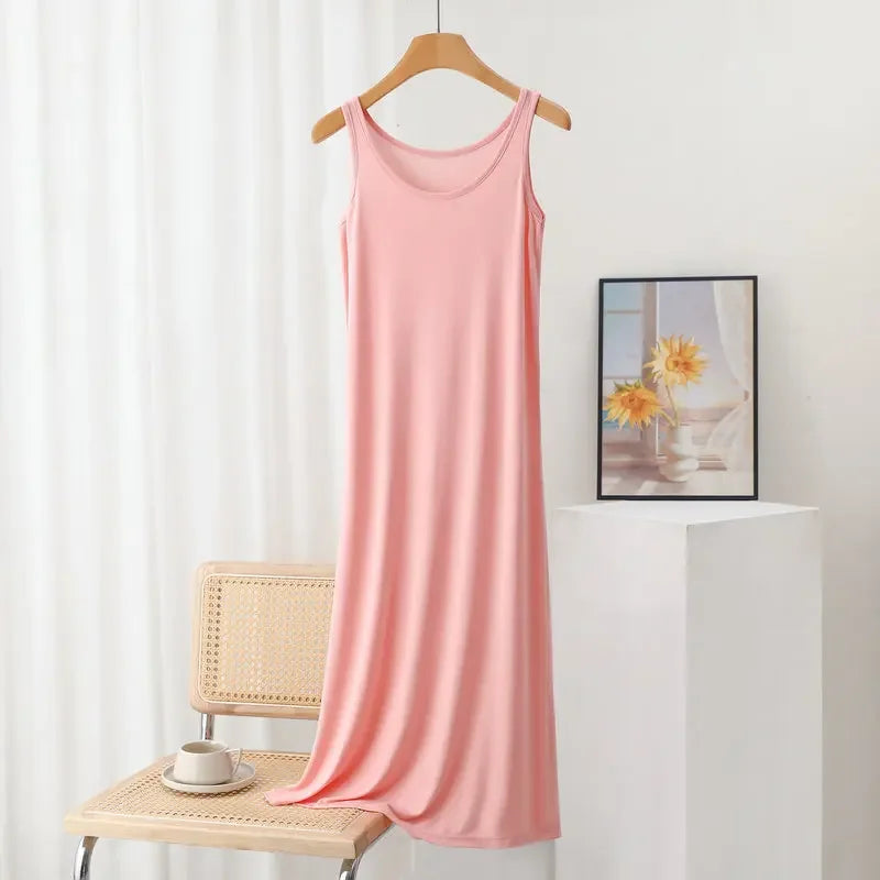 Plus Size Modal Langes Kleid Damen Frühling Sommer Lose A-Linie Bodenrock Home Nachtwäsche Ärmelloses Kleid in reiner Farbe.