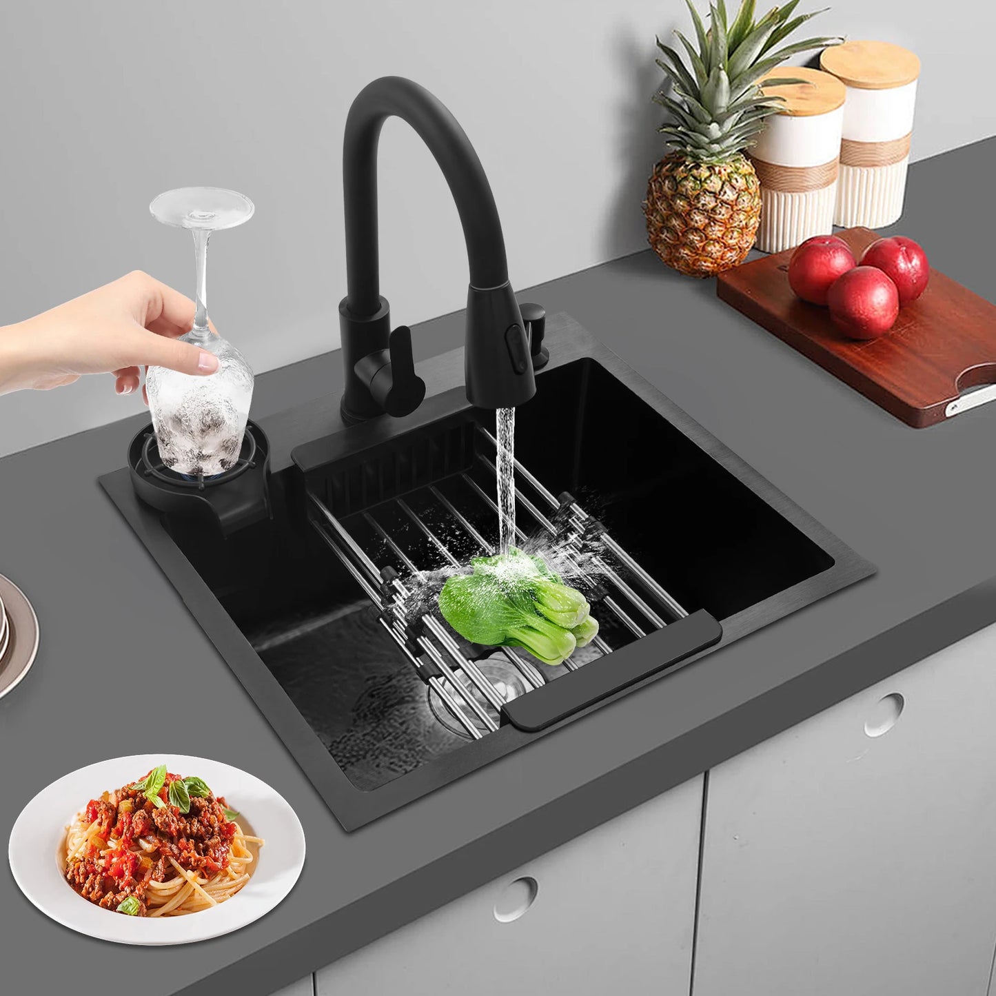 Multifunktionales Küchenspülbecken aus Edelstahl, rechteckiges schwarzes Küchenspülbecken mit ausziehbarem Wasserhahn und 300 ml Seifenspender