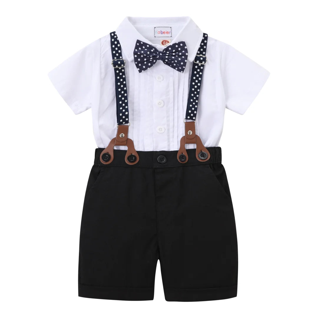 Black & White Classic Baby Boy Clothes Strap Set for Infant 1st Birthday Party Summer Short Sleeve Romper with Solid Shorts Suit.