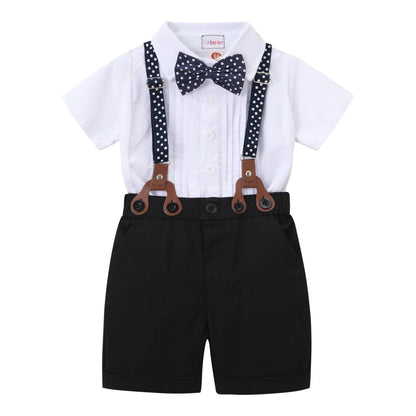 Black & White Classic Baby Boy Clothes Strap Set for Infant 1st Birthday Party Summer Short Sleeve Romper with Solid Shorts Suit.