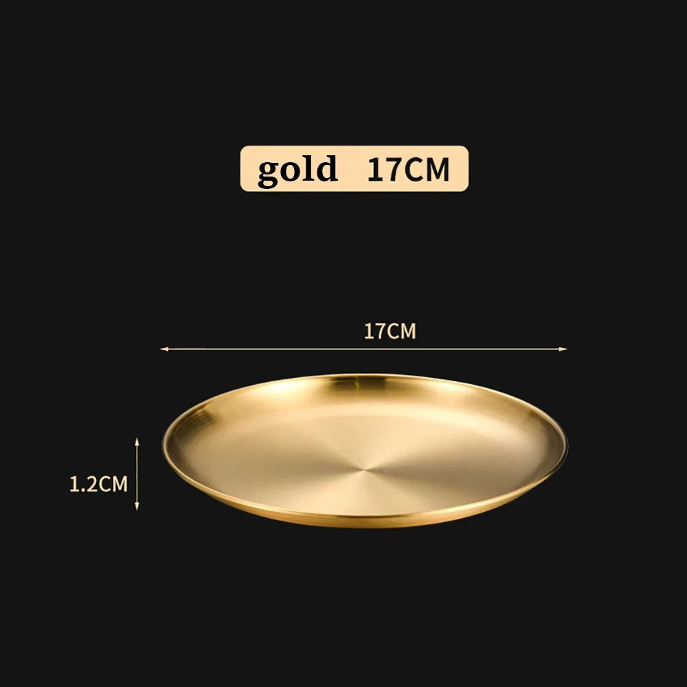 1Pcs Gold Stainless Steels Metal Round Plate Rust-Proof Shallow Tray Plate Camping Plate BBQ Picnic Dishes Cookware Tableware