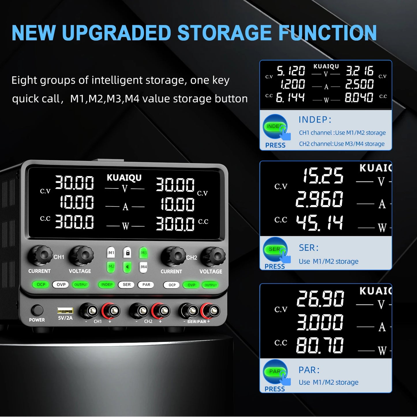 KUAIQU Newest 30V10A Dual Channel Bench Power Supply 3-Way Series-Parallel Output Overvoltage Overcurrent Protection Laboratory.