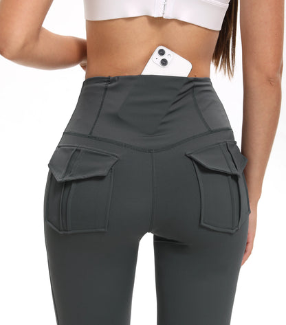 Damen-Leggings mit ausgestellten Taschen, weiche Yoga-Hose im Cargo-Stil, hohe Taille, schmale Hose, Fitness- und Bodybuilding-Sportbekleidung.