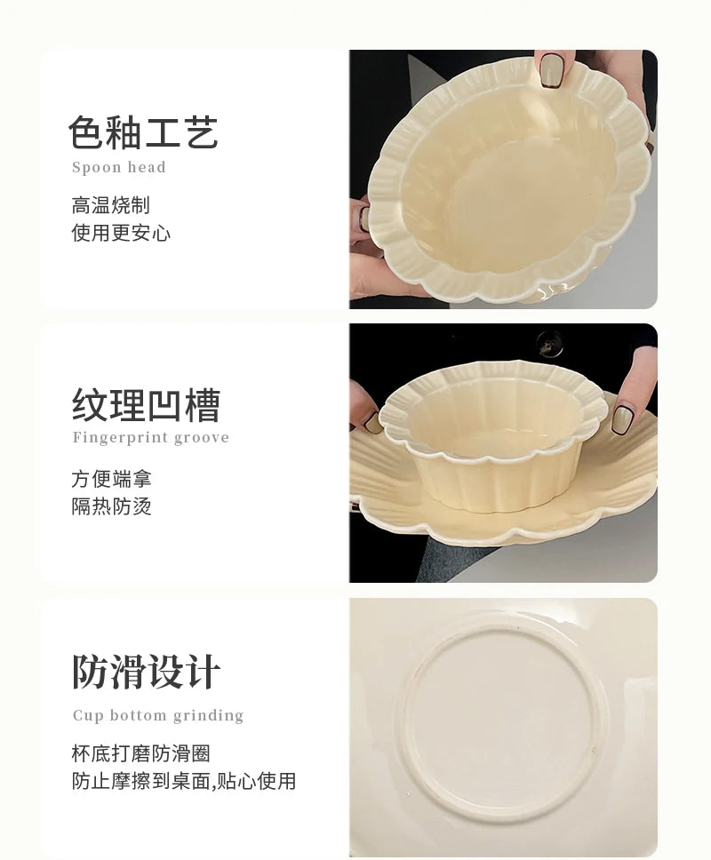 Ahunderjiaz-French Beige Ceramic Tableware Set, Underglaze Dessert Tray, Rice Bowl, Fish Plate, Kitchen Tableware Set, Cream Sty.