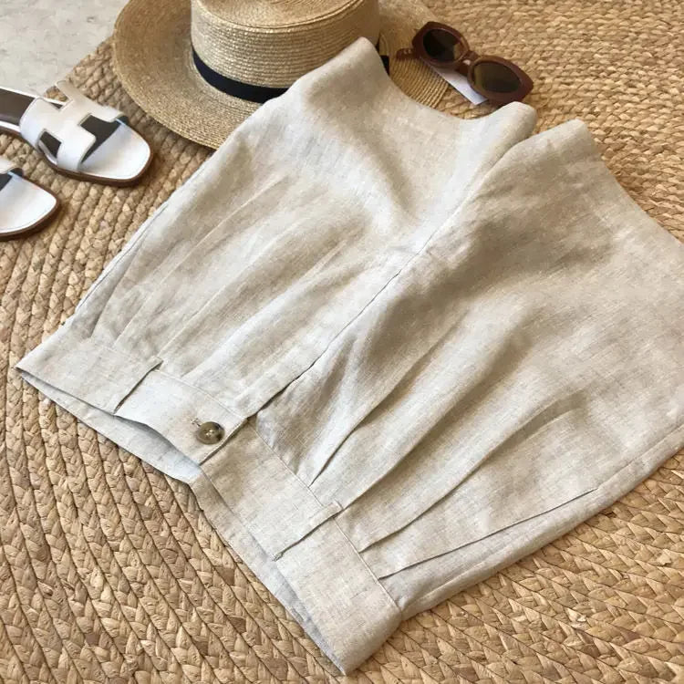 Korean Office Lady Summer Women's Solid Color Linen Zipper Pockets Fashion Casual Loose High Waist A-line Wide Leg Shorts.