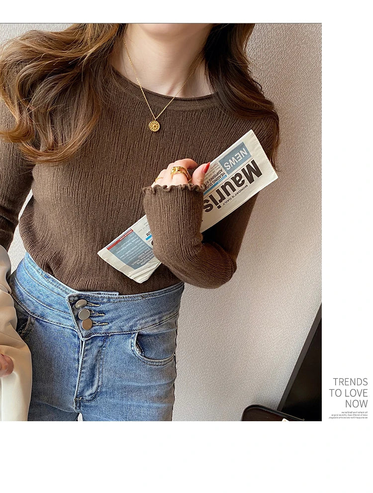 2025Oansatz Rippen Langarm Koreanische Dünne Weibliche Pullover Frauen Pullover Stricken Weiche Jumper Tops Geraffte Herbst Winter Tops