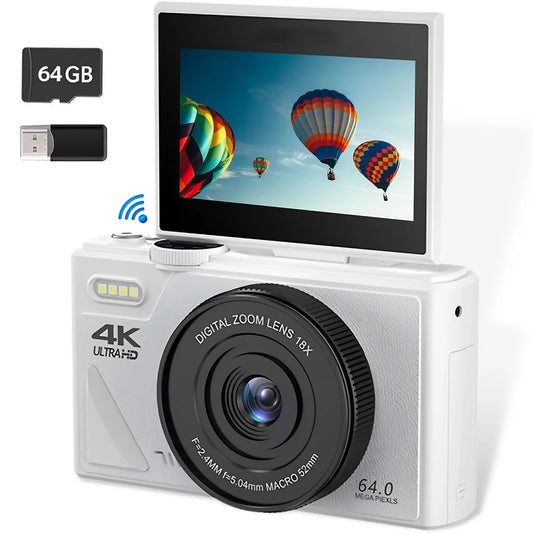 64MP digital camera 3.0 "touch screen 18 zoom WiFi for beginners kids travel vlogging 64GB White.