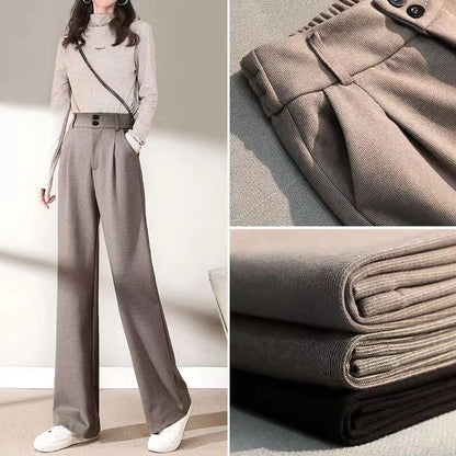 2024 Autumn Winter Women Concise Woolen Pants Lady Wide Leg Designer Outside Trousers Female Thicken High Waisted Draping Pants.