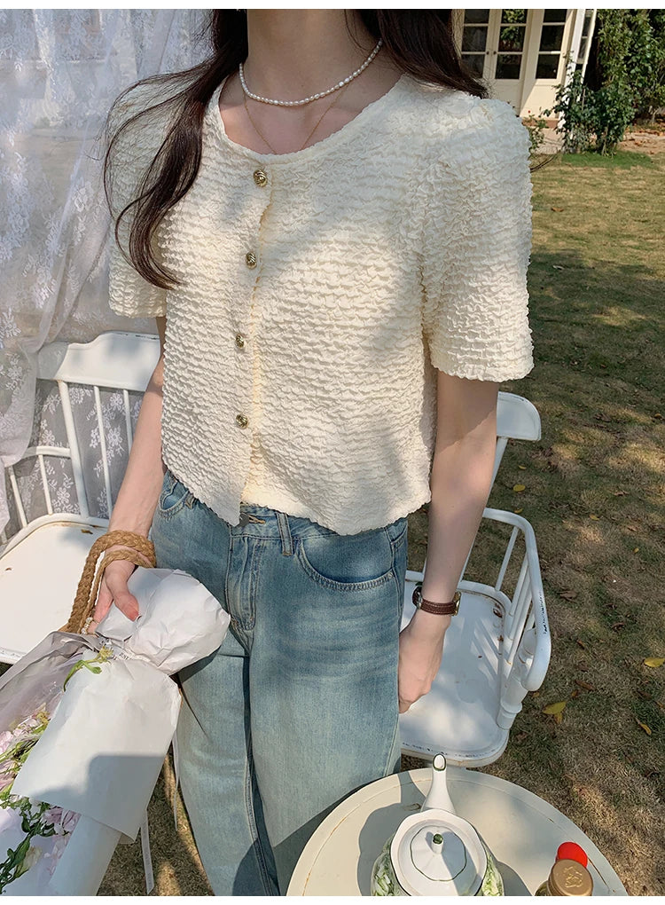 New Summer Short Sleeve O-Neck Women Shirt Sweet White Shirt Blouse Women Tops 2025 Blouses Shirts Blusas Para Mujer Blusa XL183.