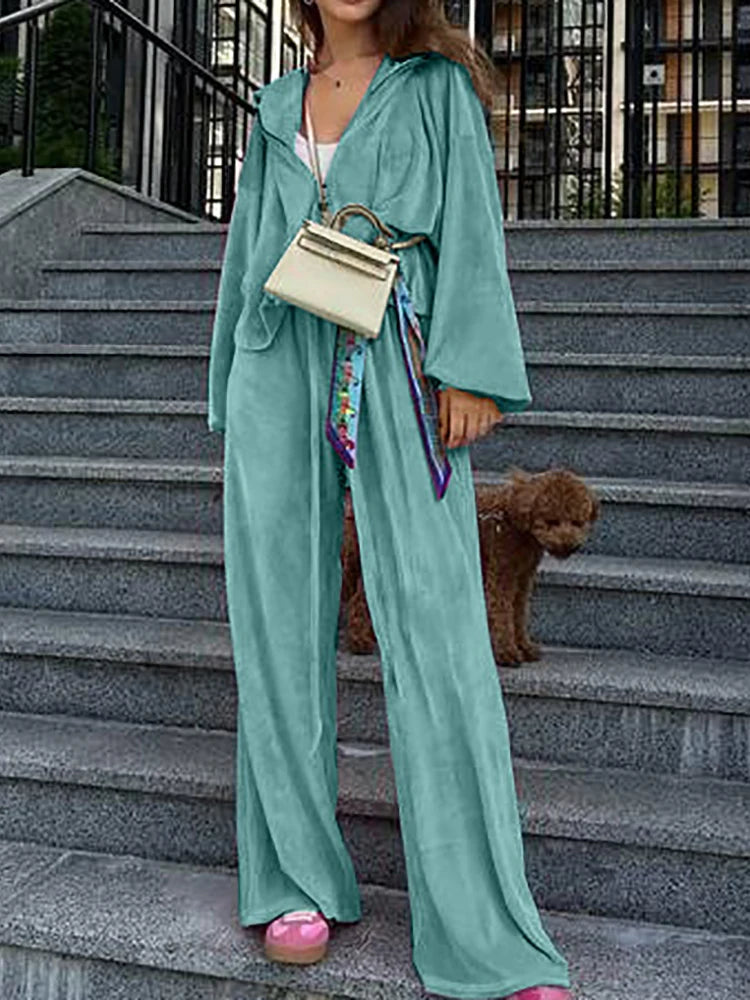 Women Autumn Hooded Coat Two Pieces Sets, Solid Patchwork Wide Leg Pants Chic Outfit, New Long Sleeve Casual Simple Ladies Suits.